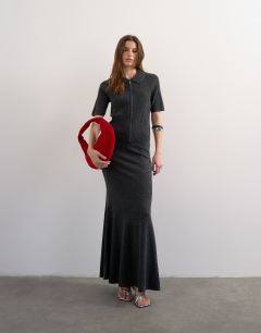 Model wearing Knitted zip through polo top co-ord in charcoal