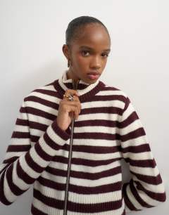 Knitted zip up cardigan in burgundy and ecru stripe