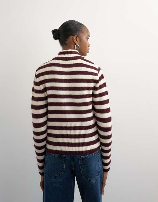 Topshop knitted zip up cardigan in burgundy and ecru stripe, 2 of 4