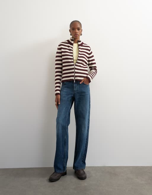 Topshop knitted zip up cardigan in burgundy and ecru stripe, 3 of 4