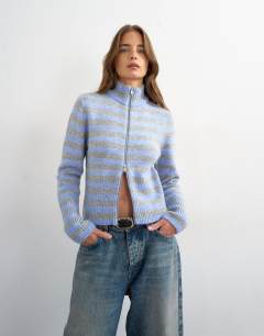 Model wearing Knitted zip up cardigan in grey and blue stripe