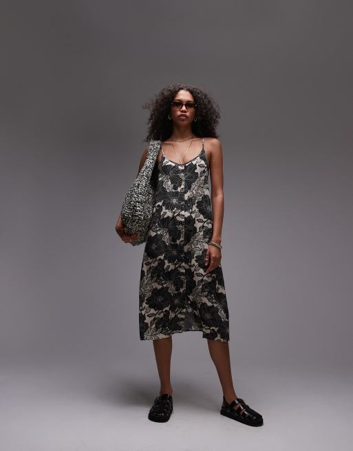 Topshop - Knælang cami-kjole med knsapper og monokromt blomstermønster, 2 af 4