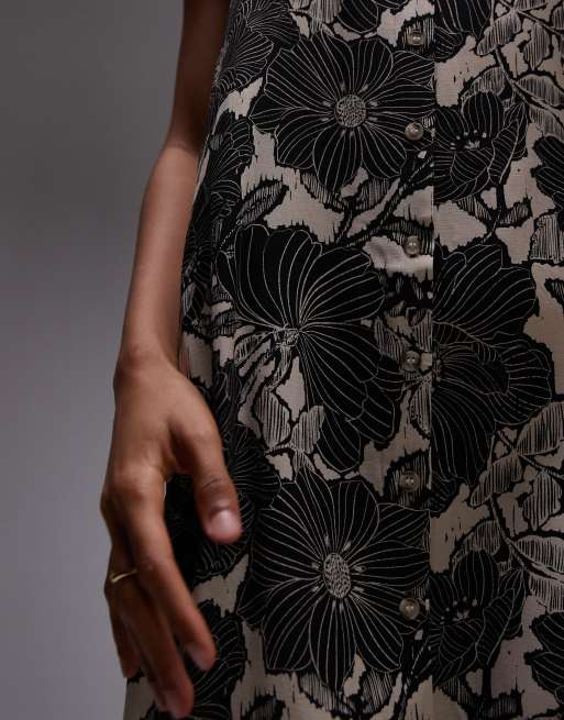 Topshop - Knælang cami-kjole med knsapper og monokromt blomstermønster, 3 af 4