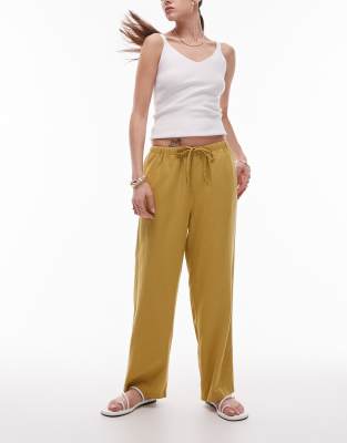 Topshop - Knöchellange Hose aus Leinen in Limettengrün mit mittelhohem Bund