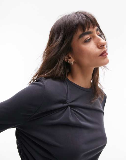 Topshop knot detail cupro long sleeve top in slate