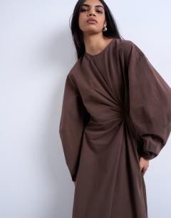 Model wearing Knot detail midi dress with asymmetric hem in brown