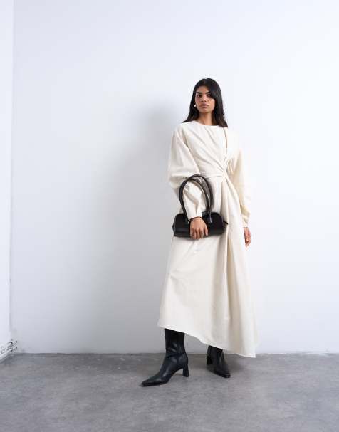 Topshop knot detail midi dress with asymmetric hem in buttermilk - view 1