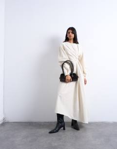 Knot detail midi dress with asymmetric hem in buttermilk