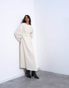 Model wearing Knot detail midi dress with asymmetric hem in buttermilk