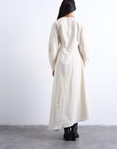Model wearing Knot detail midi dress with asymmetric hem in buttermilk