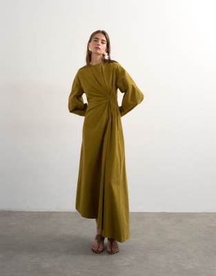 Topshop knot detail midi dress with asymmetric hem in khaki green