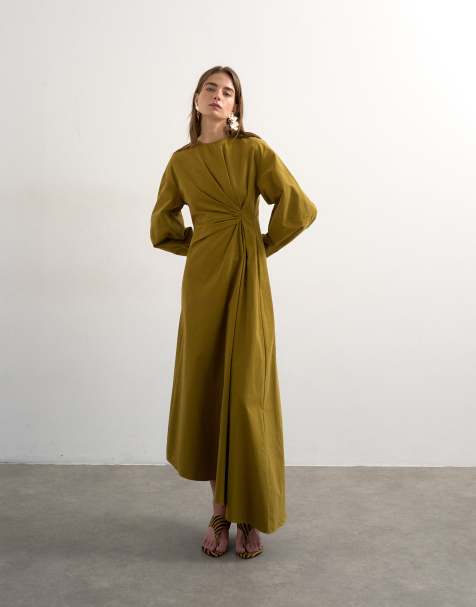 Topshop knot detail midi dress with asymmetric hem in khaki