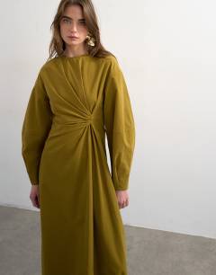 Model wearing Knot detail midi dress with asymmetric hem in khaki