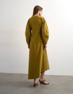Model wearing Knot detail midi dress with asymmetric hem in khaki