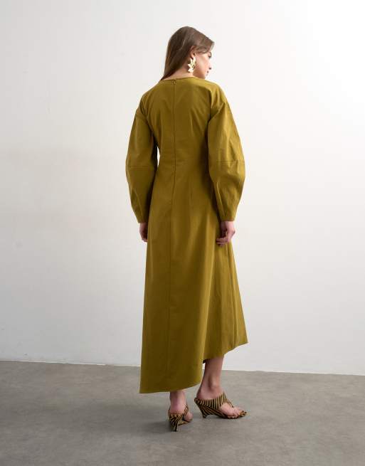 Topshop knot detail midi dress with asymmetric hem in khaki, 3 of 4