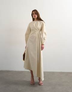 Model wearing Knot detail midi dress with asymmetric hem in off white
