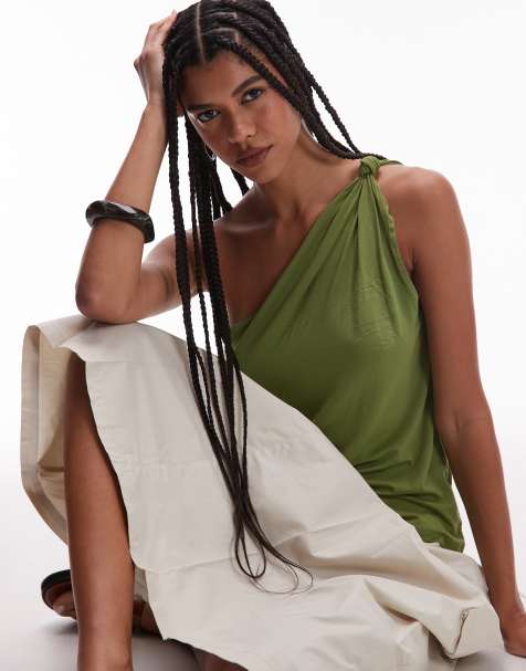 Topshop knot detail one shoulder top in khaki green - view 1