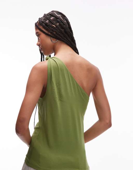Topshop knot detail one shoulder top in khaki green, 3 of 4