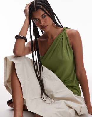 Topshop knot detail one shoulder top in khaki-Green