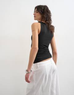 Model wearing Knot detail ruched side tank in black