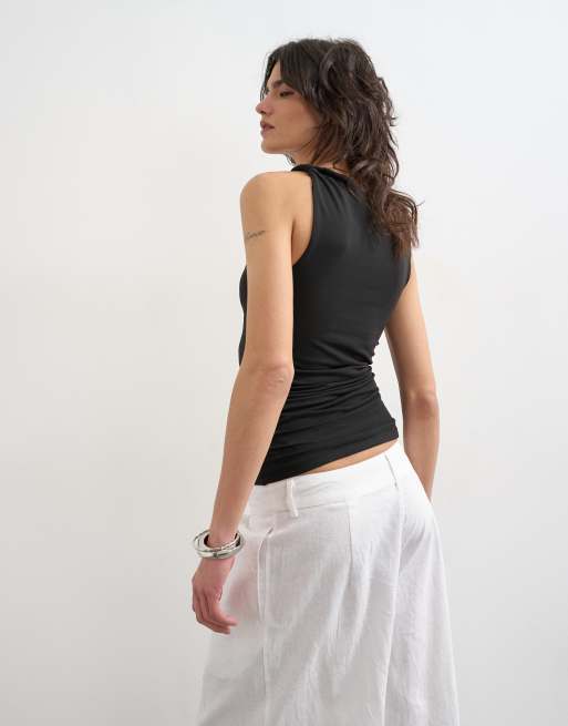 Topshop knot detail ruched side tank in black, 4 of 4
