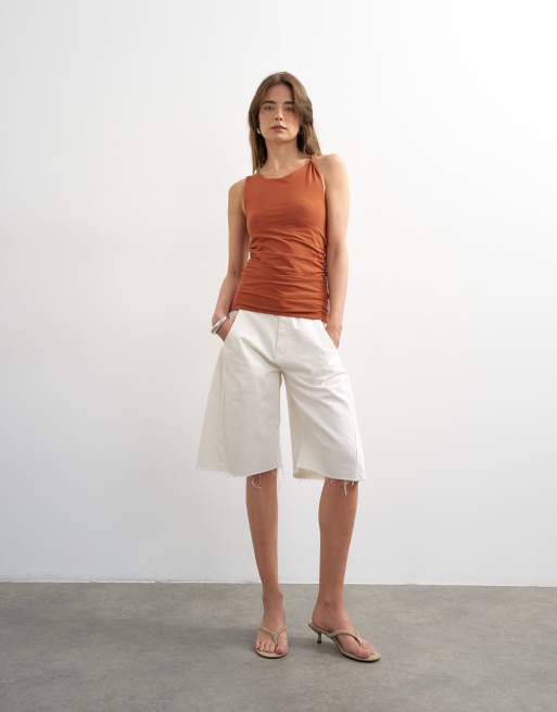 Topshop knot detail ruched side tank in brown, 3 of 4