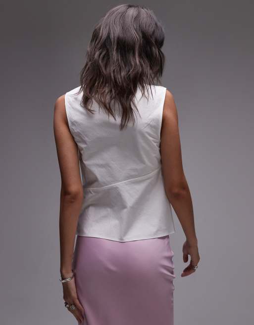Topshop knot detail sleeveless cotton top in ivory, 4 of 4