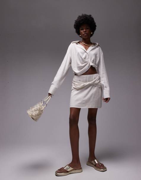 Topshop knot drape mini skirt in textured natural stripe - part of a set - view 1