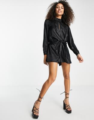 Topshop knot front jacquard playsuit in black