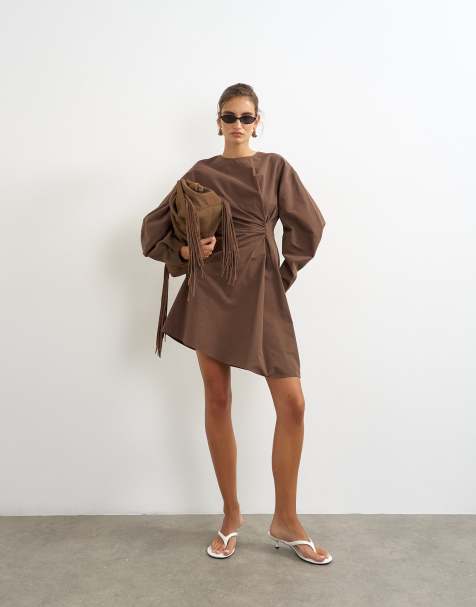 Topshop knot front long sleeve mini dress in chocolate - view 1