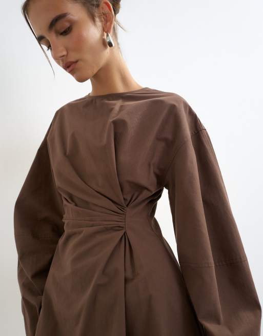 Topshop knot front long sleeve mini dress in chocolate, 2 of 4