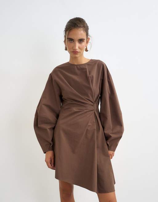 Topshop knot front long sleeve mini dress in chocolate, 3 of 4