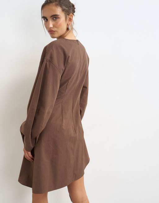 Topshop knot front long sleeve mini dress in chocolate, 4 of 4