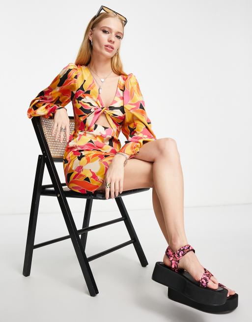 Topshop knot front mini dress in floral abstract print