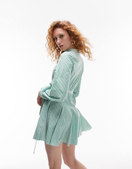 Topshop knot front mini shirt dress in green and white stripe