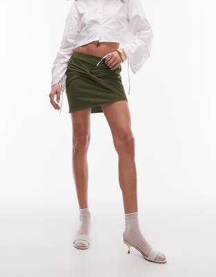 Topshop Knot Front Mini Skirt In Khaki-green In Multi