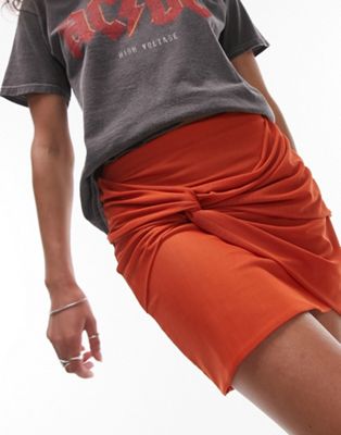 knot front mini skirt in rust-Orange