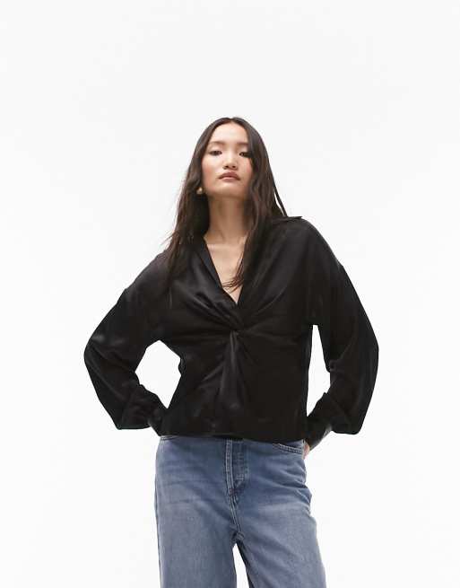 Topshop knot front satin long sleeve top in black