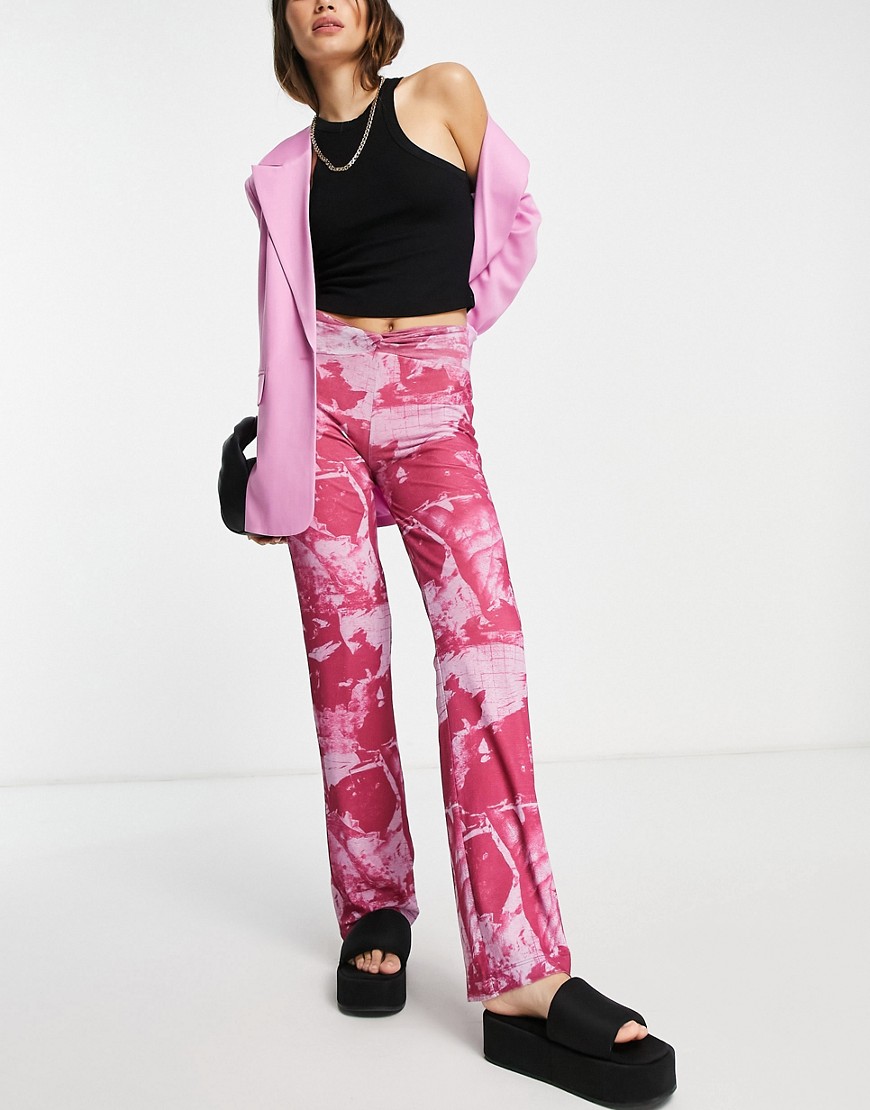 Topshop knot front straight leg trouser in pink abstract print