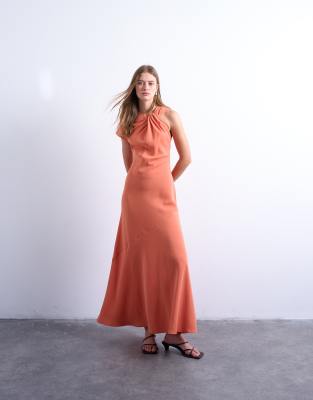 Topshop Knot Neck Asymmetric Sleeve Midi Dress In Orange