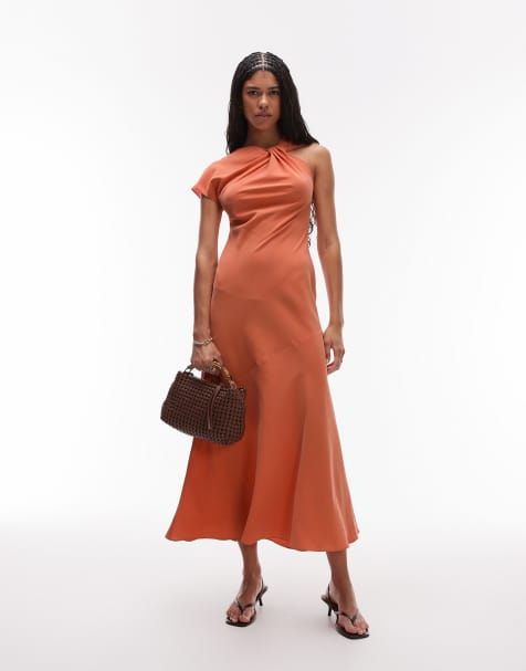 Topshop knot neck asymmetric sleeve midi dress in tangerine - view 1