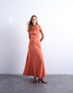 Knot neck asymmetric sleeve midi in tangerine
