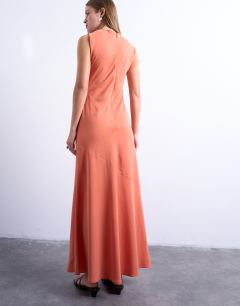 Model wearing Knot neck asymmetric sleeve midi in tangerine