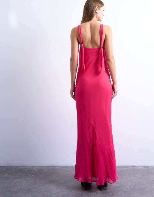 Topshop knot neck deep cowl occasion midi in fuchsia pink, 3 of 4