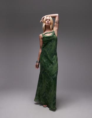 topshop knot neck deep cowl occasion midi in green snake