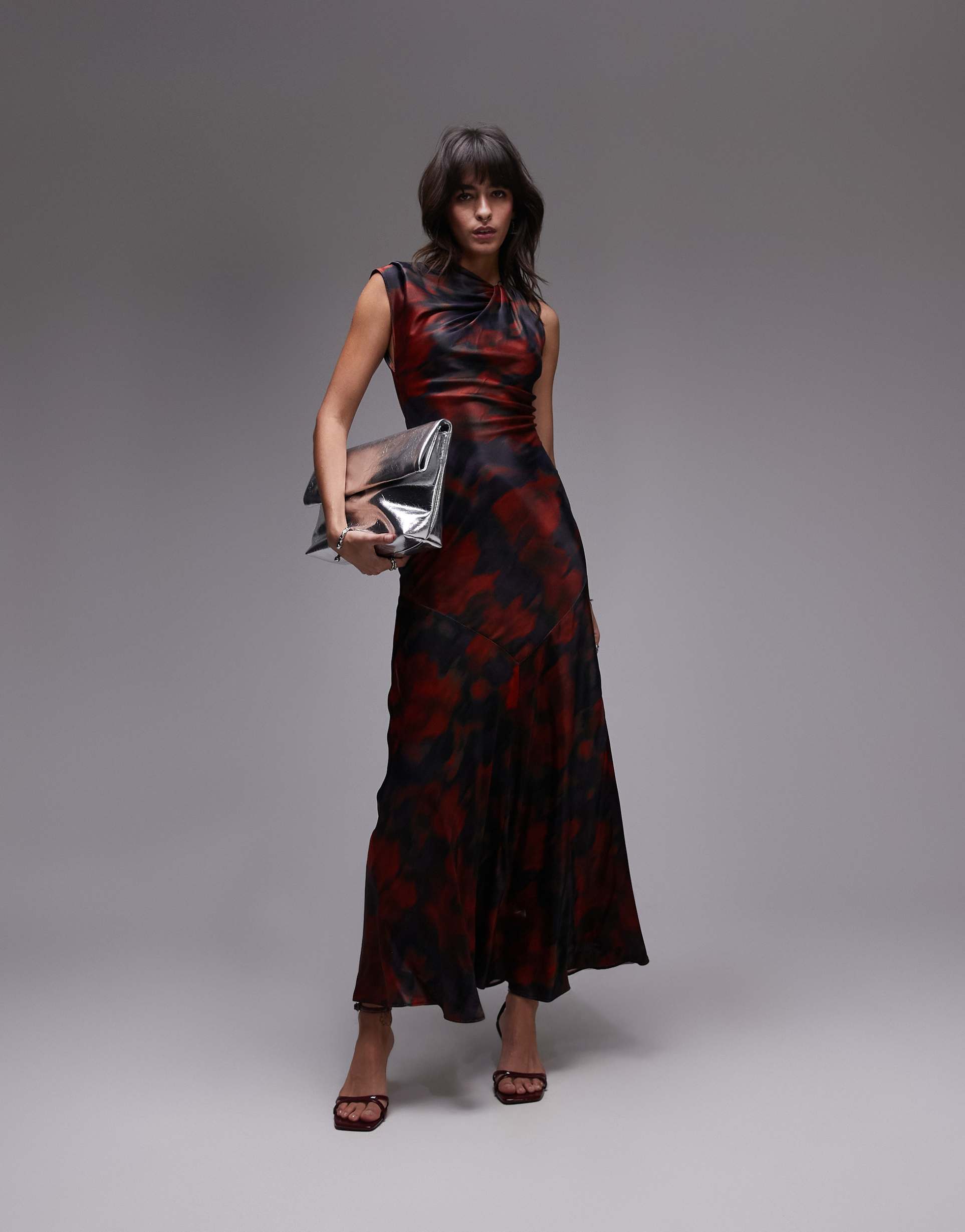 topshop knot neck detail midi dress in red floral