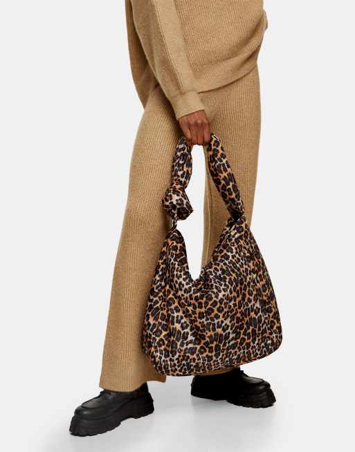 Topshop knot nylon slouch shoulder bag in true leopard