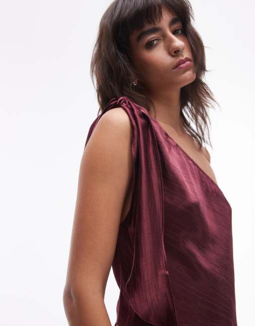 Topshop knot one shoulder top in burgundy | ASOS