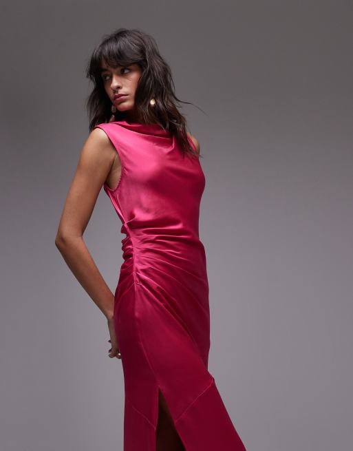 Topshop knot shoulder pintuck waist satin midi dress in pink ASOS