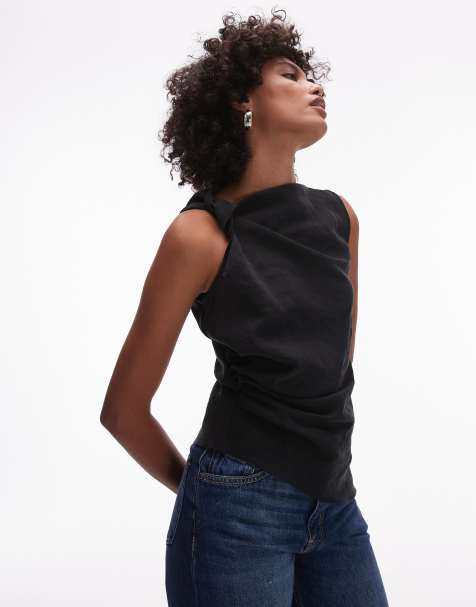 Topshop knot side sleeveless top in black - view 1